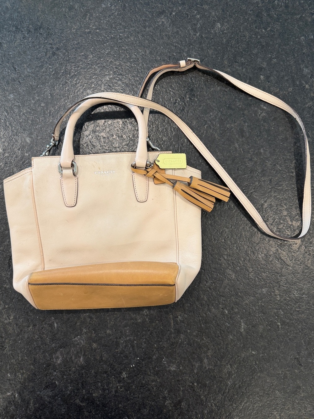 Coach Two-Tone Beige and Tan Leather Satchel with Tassel Charm